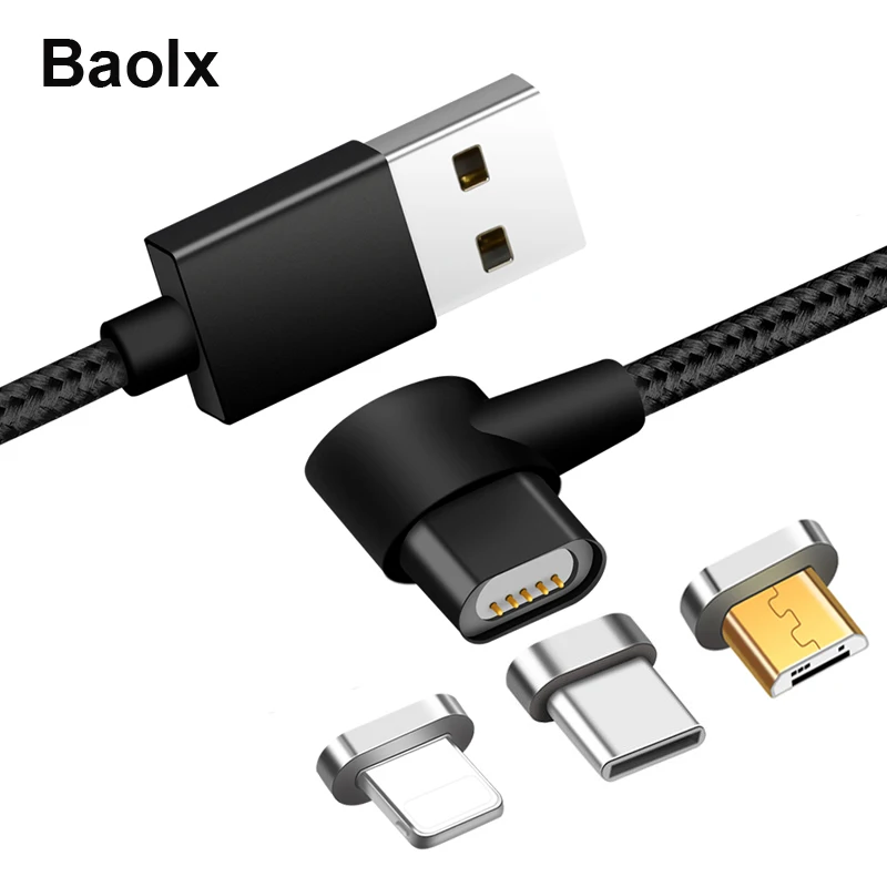 Высокоскоростной 90 градусов колено 3 в 1/IOS/Micro USB/USB C Магнитный зарядный кабель для