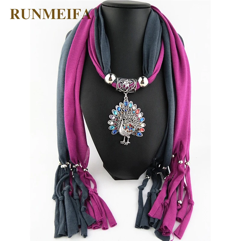 

[RUNMEIFA] Wholesale Price Top Quality Vintage Zinc Alloy Peacock Pendant Polyester Tassel Scarves Necklace for Women