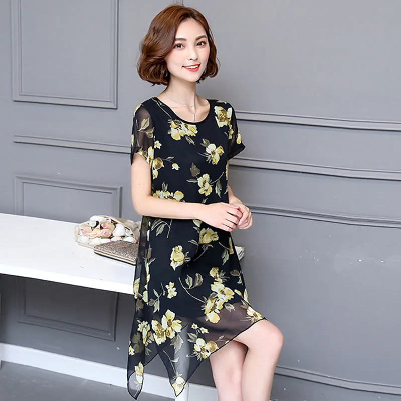 

Large size women's summer dress mother dress loose printed chiffon summer 2019 short-sleeved Casual dress female Clothing