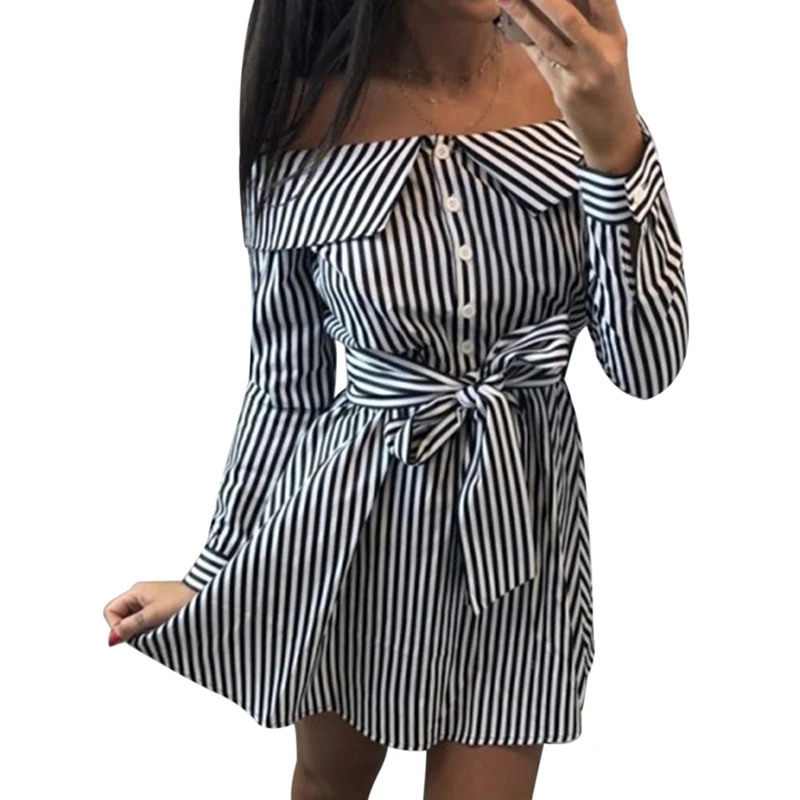 NIBESSER сексуальное женское платье рубашка в полоску с открытыми плечами вырезом