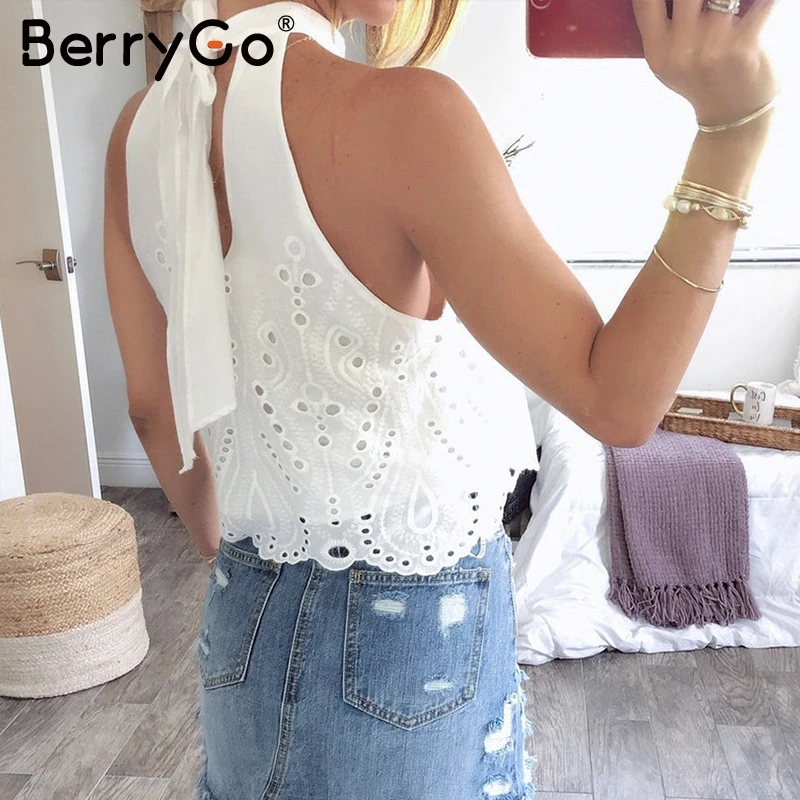 BerryGo Sexy со стоячим воротником летние белые на бретелях женщин Винтаж без рукавов