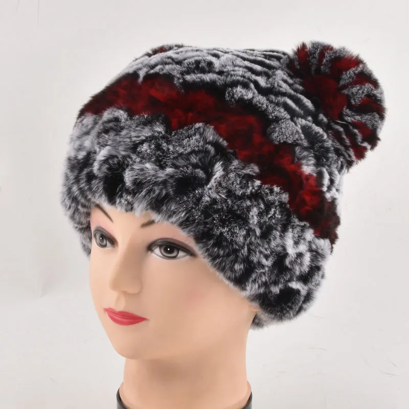 Милый Кот шапка зимняя Для женщин Натуральная мех кролика рекс Шапки ручной