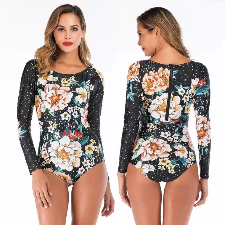 

2019 One Piece Swimsuit Patchwork Long Sleeve Swimsuit Bathing Suit Rash Guard Women Swimwear Surfing Swimming Suit Rashguard