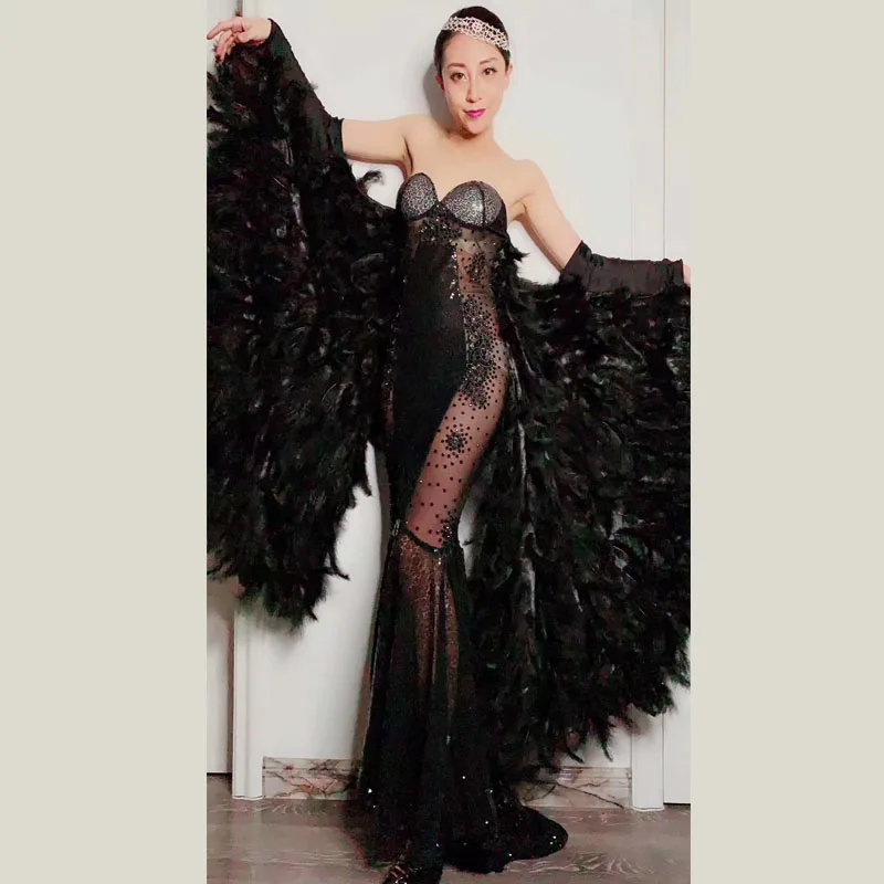 

Feather Sleeves See Through Dress Black Rhinestone Mesh Dress Prom Party Birthday DressNightclub Women Singer Dance DJ1019