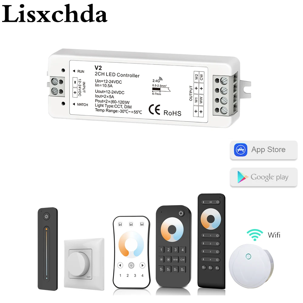 Lisxchda теплый белый свет/холодный белый двойной Цвет Светодиодные ленты 4-Зона CCT DC12V 24V 10A 2,4G RF Беспроводной с Wi-Fi и дистанционным управлением Совместимость