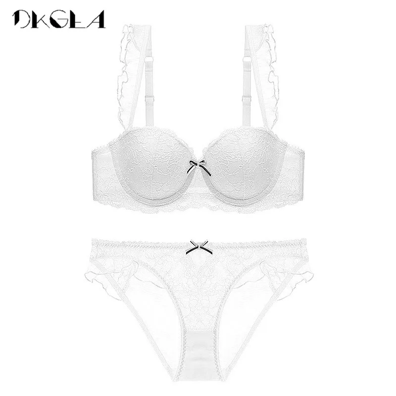 Топ Сексуальные Трусики Бюстгальтеры Кружева Вышивка Белье Набор Зеленый Бюстгальтер пуш ап Бюстгальтер Комплект Женское Белье Хлопок 3/4 Чашки - Цвет: Белый