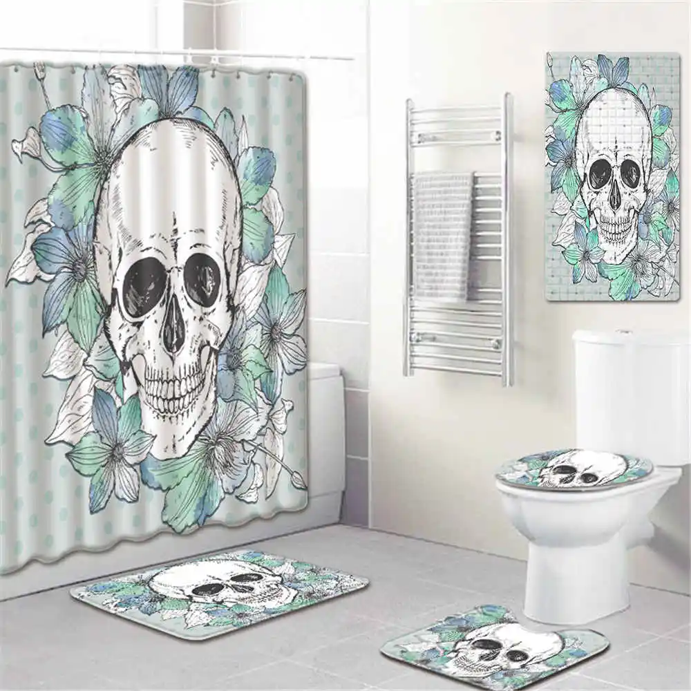 5Pcs/Set 3D Skull Shower Curtain Bath Rug Set Toilet Cover Bath Mat Set Bathroom Accessories Curtains With Hooks