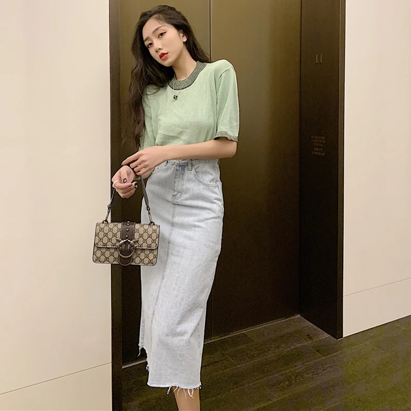 2019 женская синяя джинсовая юбка с высокой талией разрезом для женщин летние