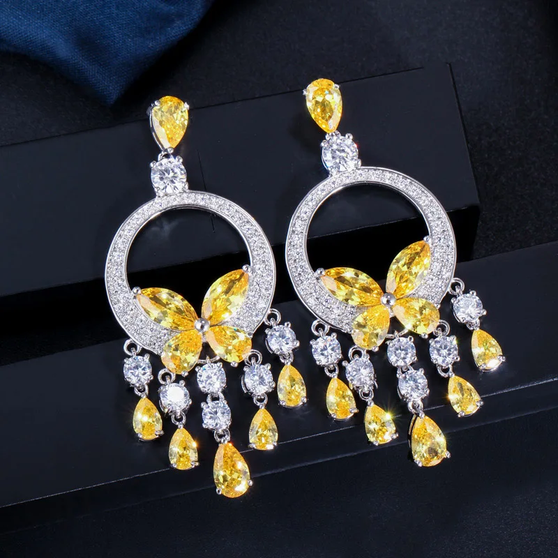 CWWZircons качественные длинные большие CZ камень желтый кристалл кисточкой Висячие серьги для женщин модные массивные Свадебные украшения CZ034
