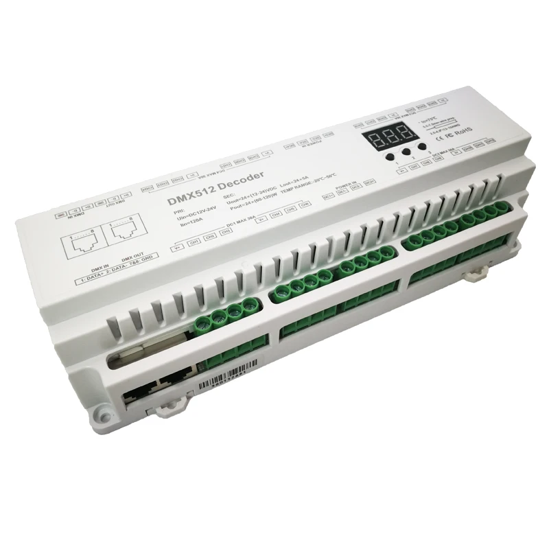 10 шт./лот светодиодный DMX512 декодер DC12V-24V 5A* 24CH 3x32CH 3x40CH светодиодный дисплей DIY установки RJ45 24 32 40 каналов din-рейка DMX декодер