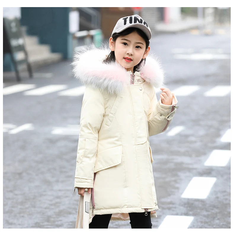 30 degrees Russia Girls down Jacket Winter Children Clothing Fashion multicolour Fur Collar Warm Outerwear& Coats 4-12 Y