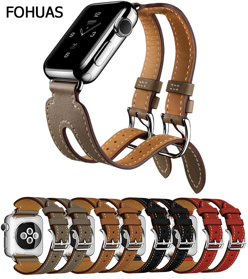 FOHUAS новейший кожаный ремешок с двойной пряжкой и манжетами для Apple Watch серии 4 44 мм