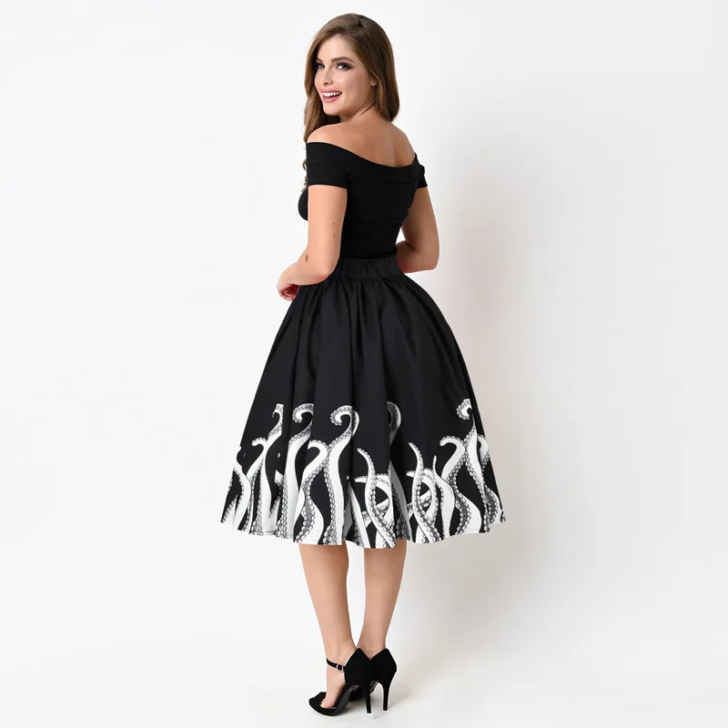 Новый Мода 2017 Лето Юбки для женщин Для S Осьминог черно белой печати