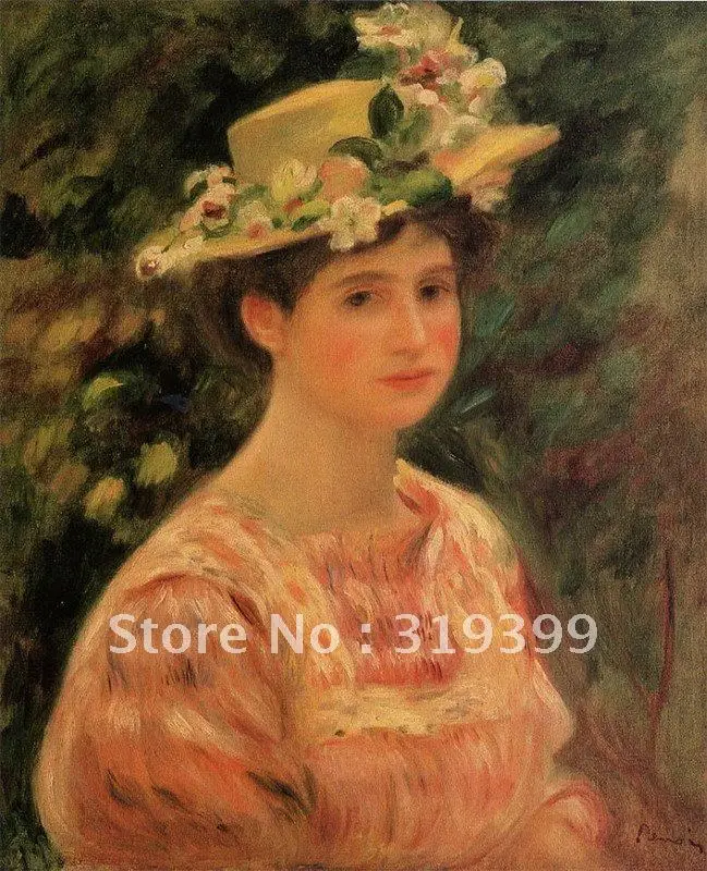 

Oil Painting Reproduction on canvas,young woman wearing a hat with wild roses by pierre auguste renoir,DHL Shipping,handmade