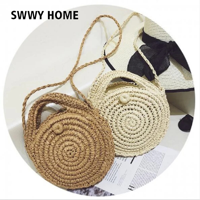 Women Woven Straw Round Handbag Retro Rattan Shoulder Bag Boho Summer Beach Messenger Bags Fashion Designer Female Totes | Багаж и сумки