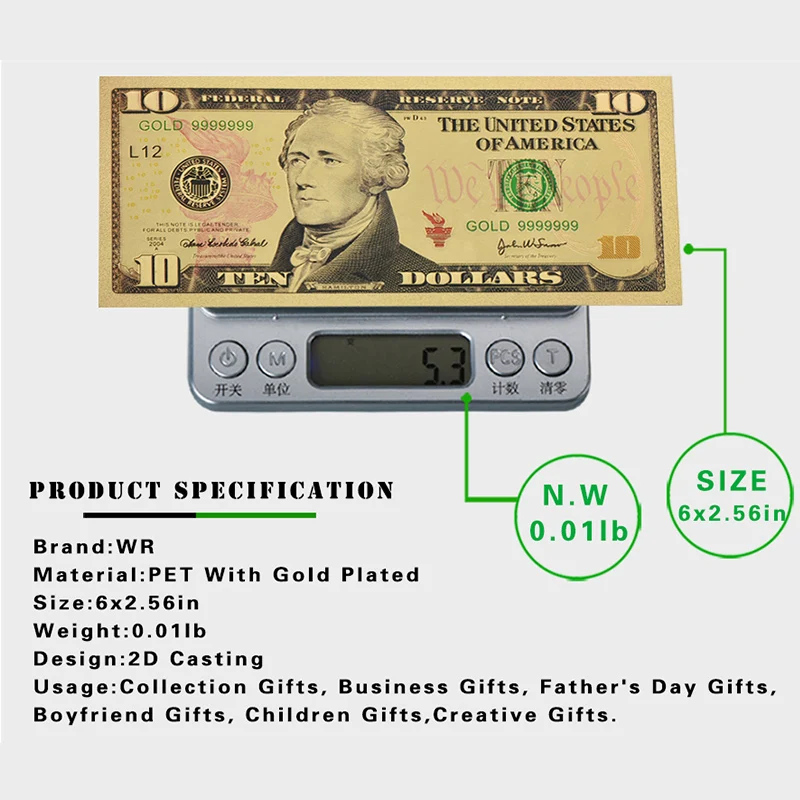 WR 10 долларов американская золотая банкнота 24 к 999 9 Золотая фольга бумажные деньги