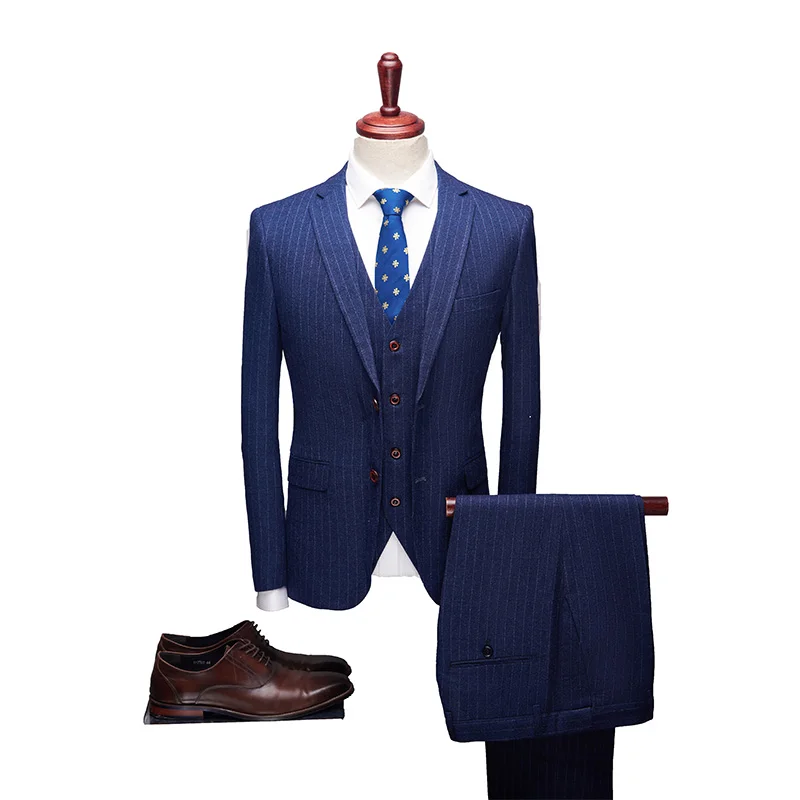 Темно синие полосатые мужские свадебные костюмы высокого качества официальные с