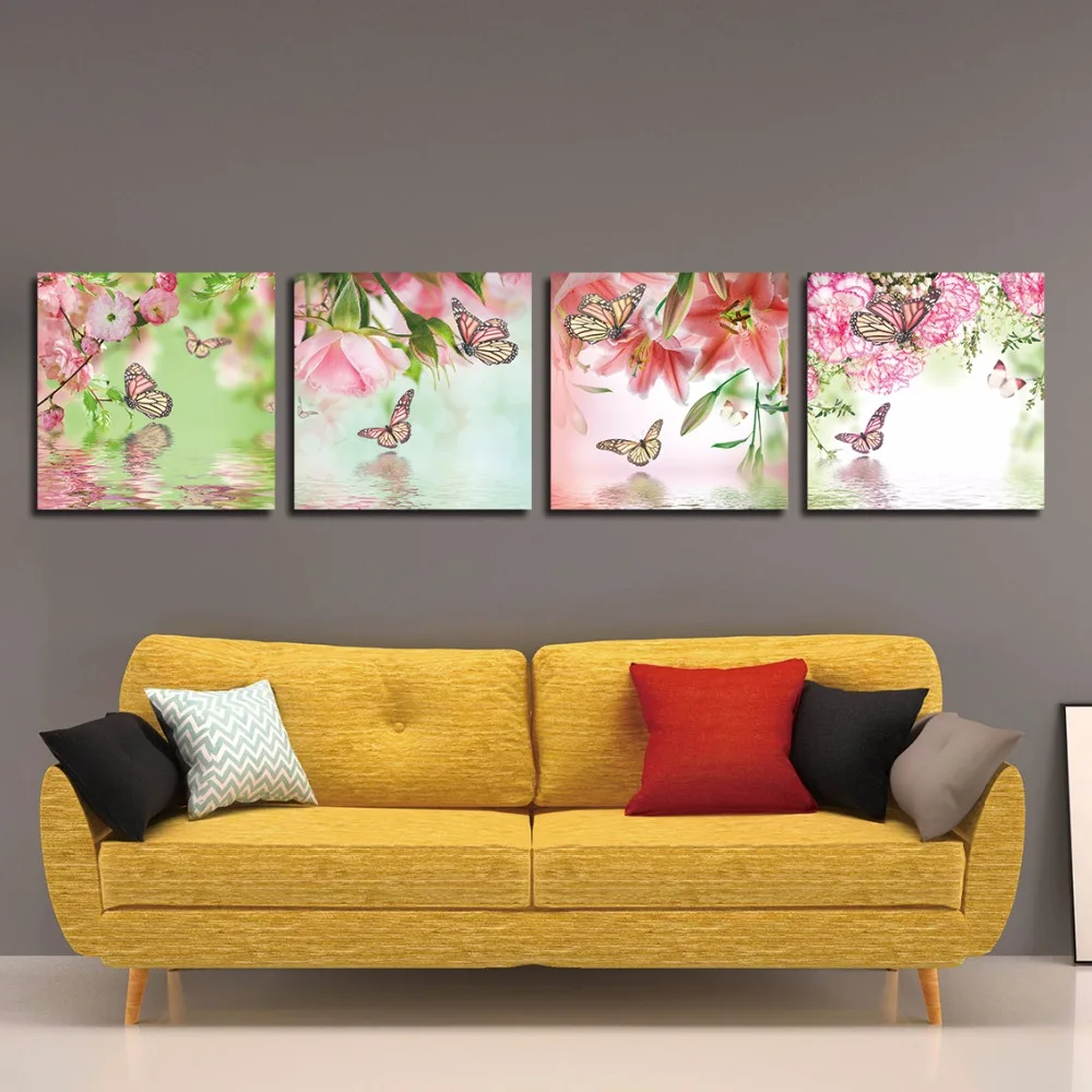 4 панели большой современный цветок бабочка холст масляная живопись настенное