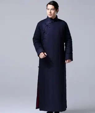 Dark Blue Китайский традиционный зимний мужской ретро пеньковый хлопковый мягкий длинный халат китайский стиль толстый свободный льняной длинный халат - Цвет: Dark Blue