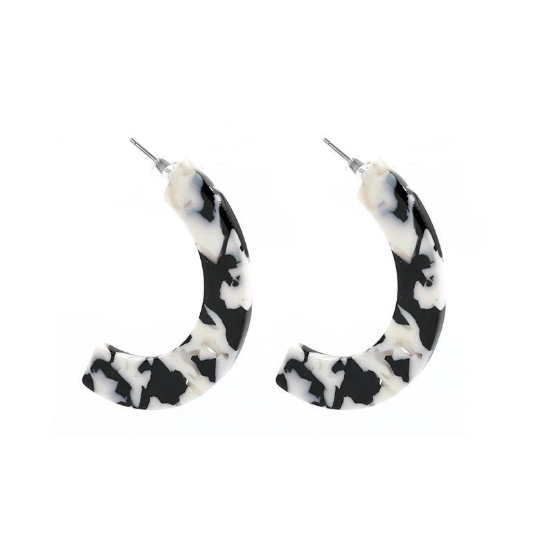 New Trendy pendientes Balck and White C Shape Hoop Earrings For Women Flat Semicircle Acetate Board Acrylic Jewelry | Украшения и