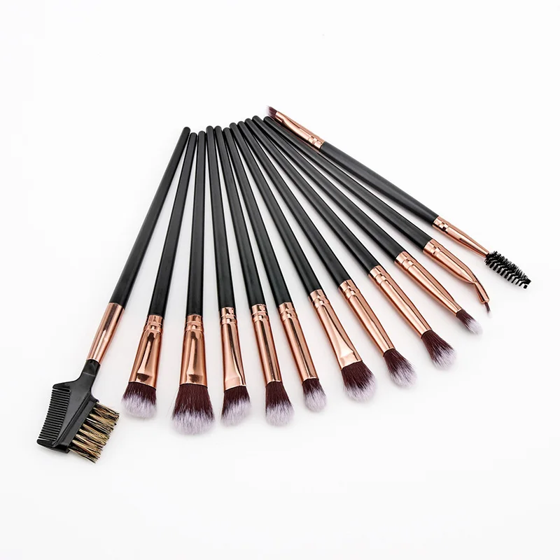 Кисти для макияжа 12 шт цвета Шампань/черный/розовый тени бровей микро кисточка