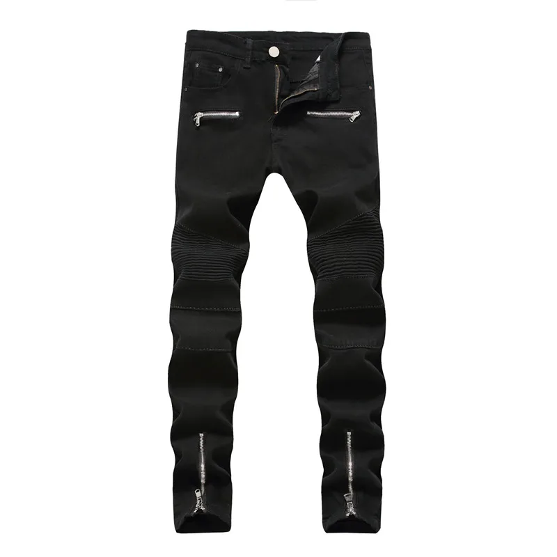 Новинка года для мужчин High Street локомотив молния морщин повседневное Прямой Тонкий мыть высокие эластичные брюки большого размера более размеры 28-42