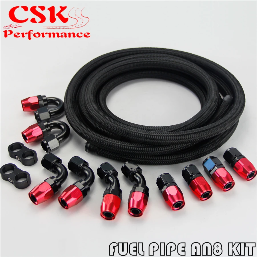 AN8 8AN Stainless Steel Nylon Braided Oil Fuel Line Hose+Fitting Hose End Kit Black