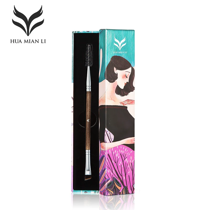 HUAMIANLI 2In1 Goat Hair Eyebrow Brush Professional High Quality Brow Cosmetic Tools Makeup Brushes Eyelash Roll Gift Box | Красота и