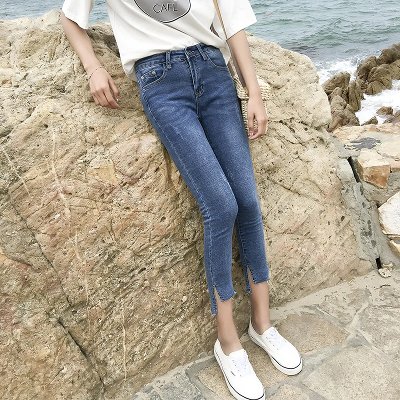 Отверстие Рваные джинсы сексуальные Для женщин Boyfriend Denim Винтаж с эластичной резинкой на талии, с Повседневное брюки женские, тонкие узкие женские укороченные брюки больших размеров Брюки
