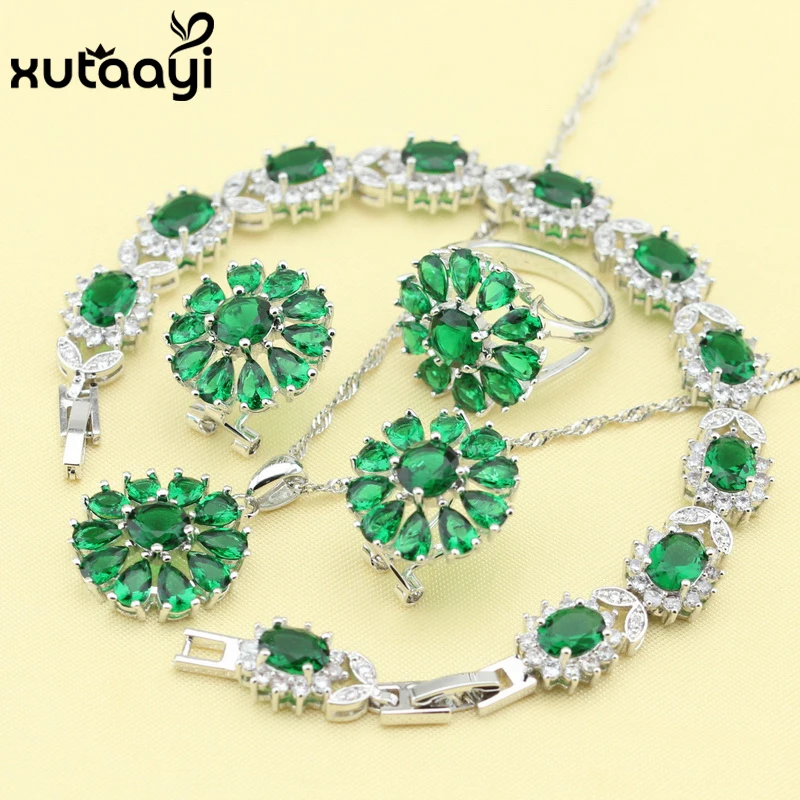 Зеленый имитированный изумруд новая мода серебряный цвет набор ювелирных
