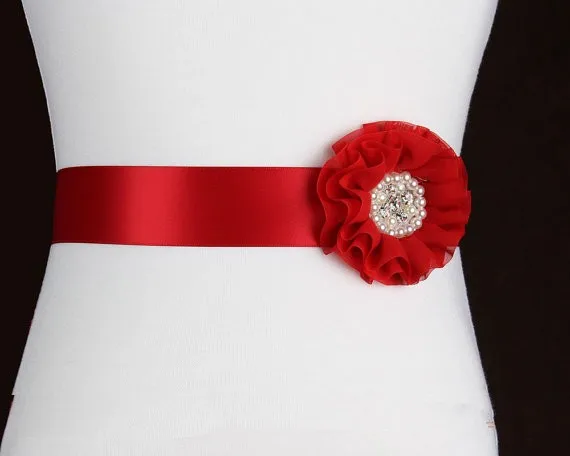 girl Chiffon Flower sash belt Bridal Sash with Pearl Beaded Center wedding silk Flower Belt Dress gown sash 30pcs/lot