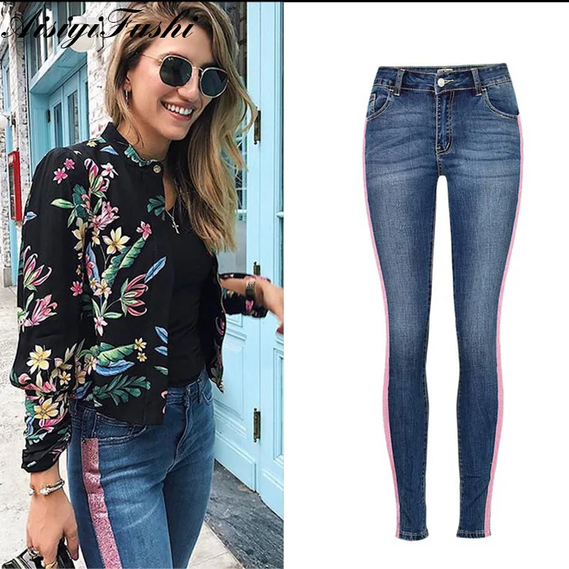 Women Skinny Jeans With Stripes Trousers Female Denim For Woman Plus Size Push Up Ladies Pencil Pants | Женская одежда