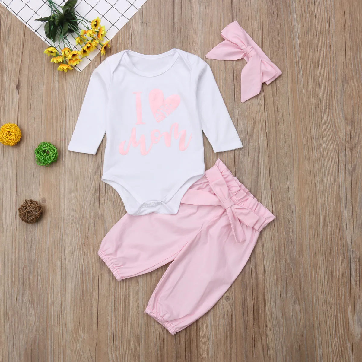 2018 Brand New Newborn Infant Baby Girls Boys Autumn Clothes 3PCS Love Mom Heart Long Sleeve Romper Tops+Pink Bow Pants+Headband | Детская