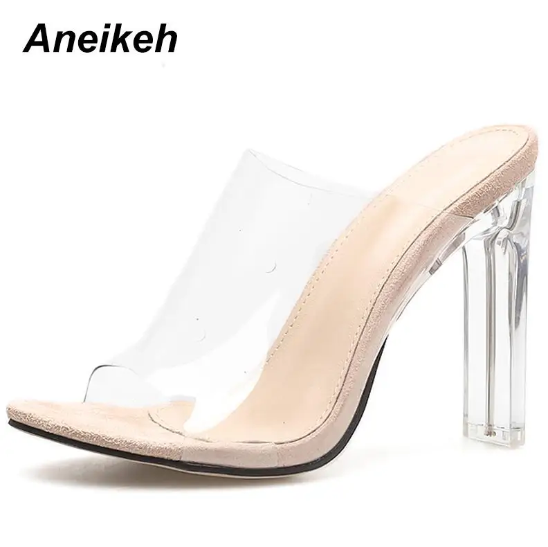 apricot Aneikeh/ г.; Летняя обувь; женские шлепанцы; Туфли-гладиаторы; пикантные Прозрачные Высокие каблуки; ПВХ; классические модельные Вьетнамки со стразами; zapatos mujer - Цвет: apricot