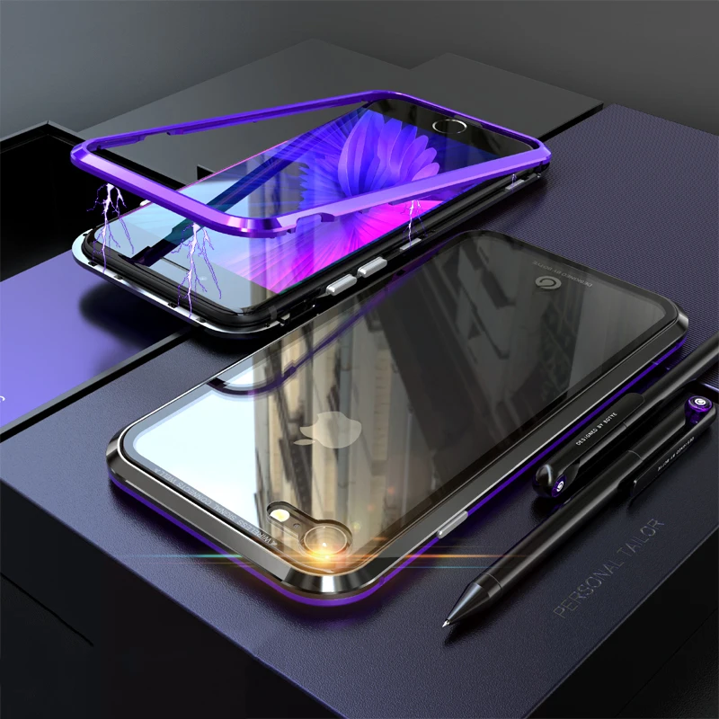 Magnetic Case For iPhone 8 7 Plus Luxury Aluminum Metal Bumper &amp Back Side Tempered Glass Cover 6 6s |