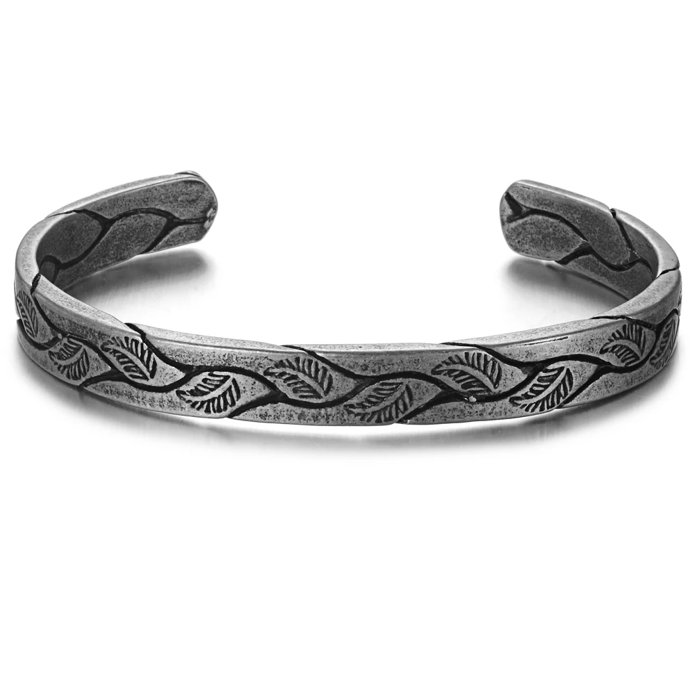 Antique Titanium Stainless Steel retro silver leaf black Punk Viking bracelet New Design Open Cuff Bangles Jewelry For Men