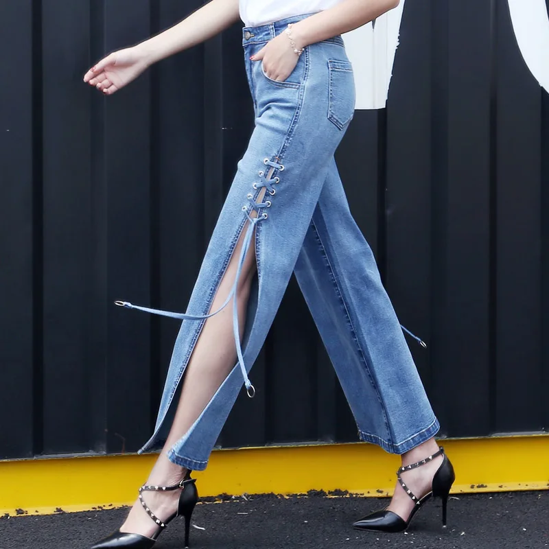 Джинсы Vetevidi с разрезом прямые джинсы высокой талией завязками в европейском и