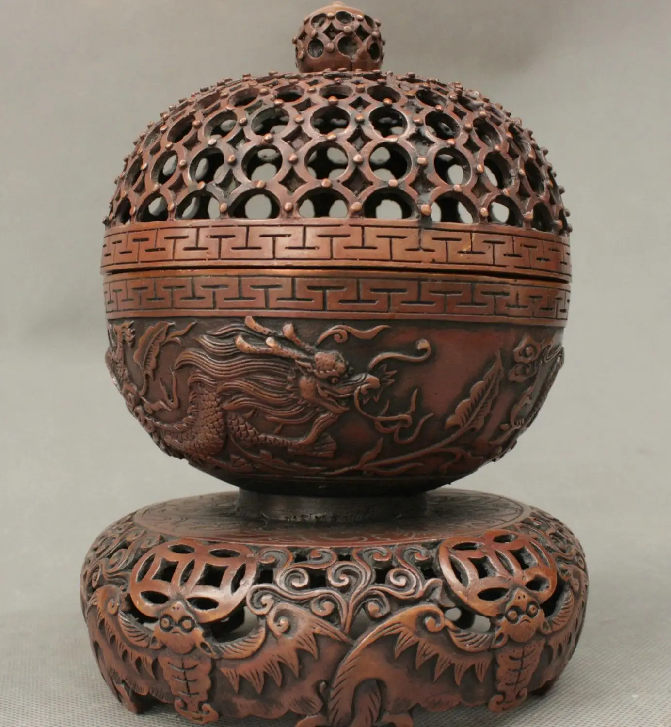 Китайский Фэншуй чистый Бронзовый Дракон Феникс летучая мышь шар курильница для