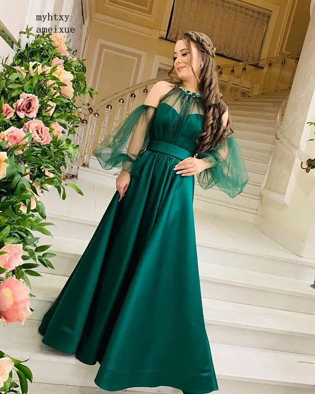 

2020 Charming Green Evening Dresses Long High Neck Flowers Tulle Long Sleeve Formal Evening Party Gowns Robe De Soiree Cheap