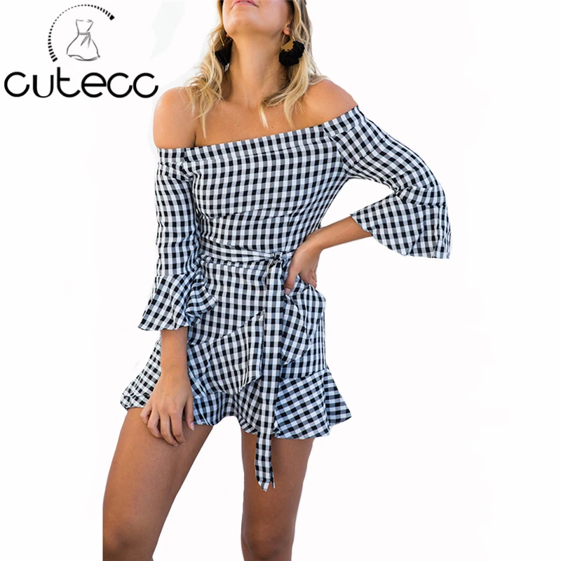 Summer Spring Half Flare Sleeves Slash Neck Sexy Women Mini Dress Plaid Ruffles High Waist Bow Trumpet Patchwork Ladies Dresses | Женская