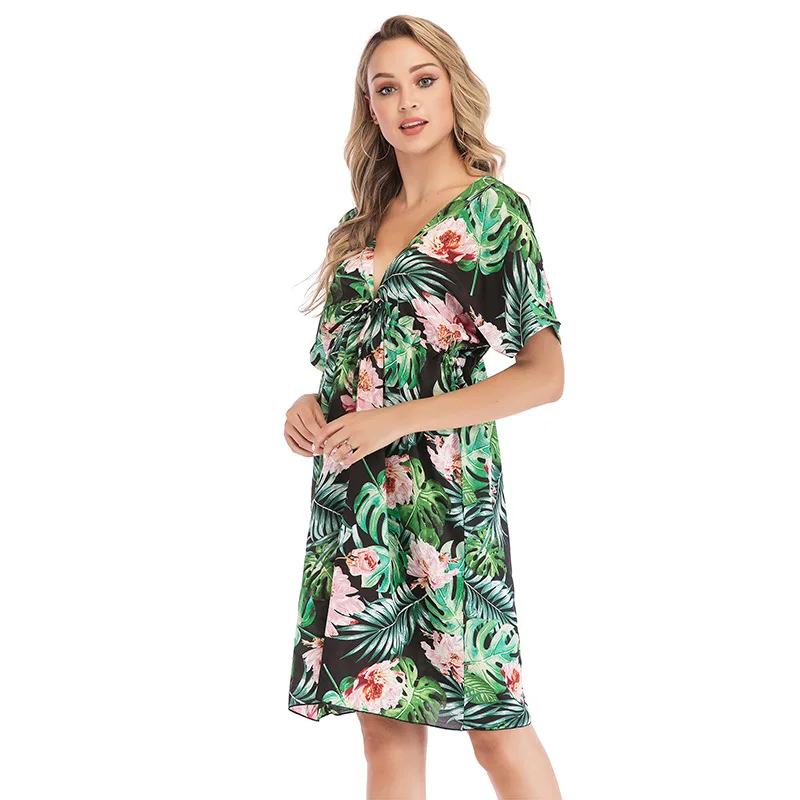 

Fashion Boho Summer Dress Women Flower Print V Neck Short Sleeve Loose Party Casual Dresses Elegant Ladies Beach Dress Vestidos