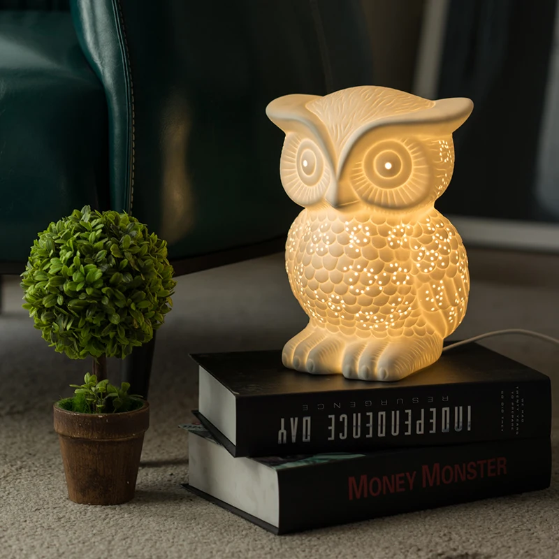 Creative Novelty White Ceramic Owl Table Lamp for Bedroom Bedside Living Room Kid's Present Cartoon Night Light 1700 | Освещение
