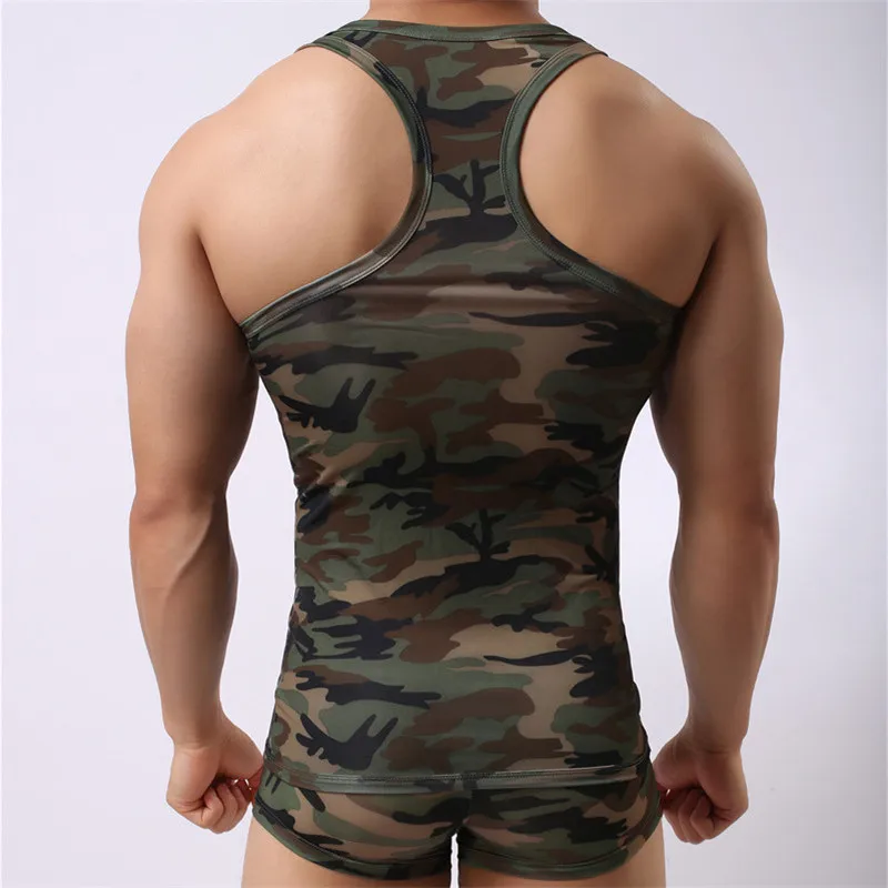 Sexy Men's Sweatshirt Camouflage Short-sleeved Tights Jumpsuit Wrestling Sweatshirt Pajamas Underwear Fitness Clothes Sexy Vest