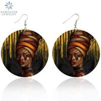 somesoor retro afro artistic wooden drop earrings vintage african headwrap woman design 6cm flat round black wood jewelry gifts