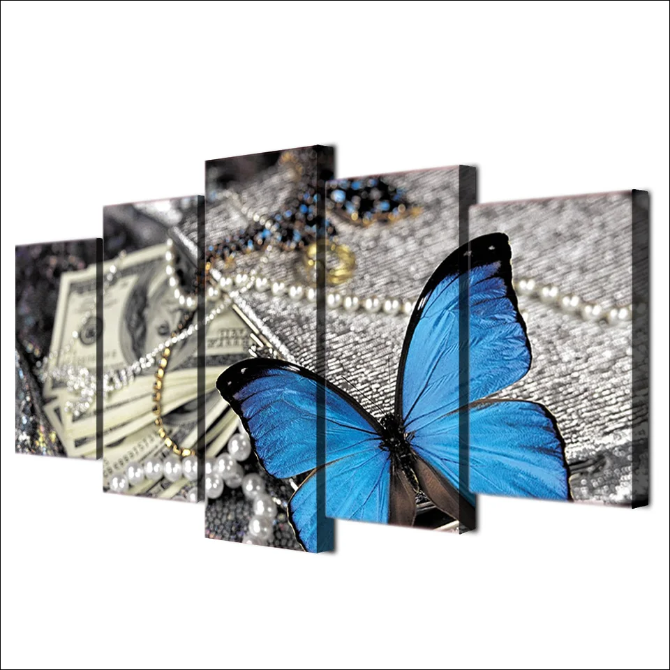 

High Quality HD printed 5 Piece canvas painting wall pictures for living room modern butterfly Jewelry art print free shipping