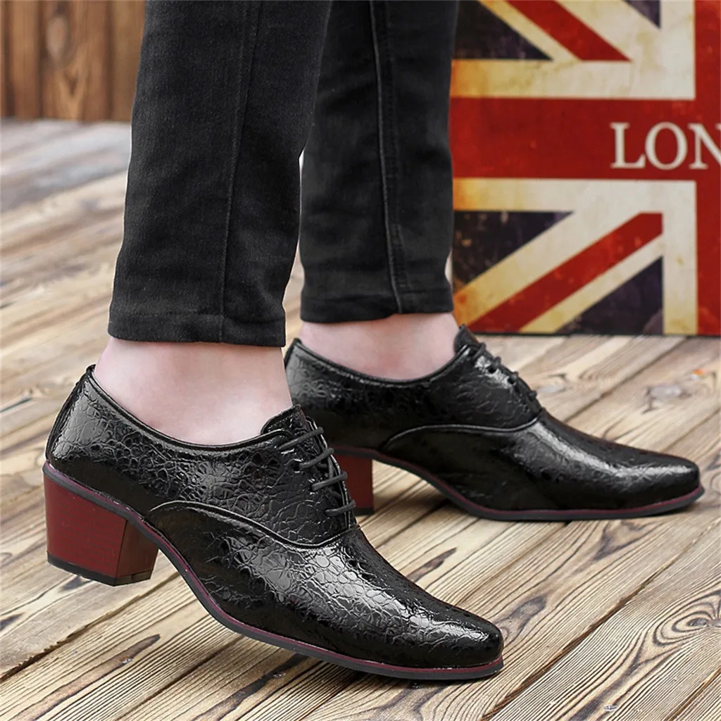 Men Pointed Toe leather shoes Lace-Up Alligator Pattern Busines Dress shoes British style High heel Male Wedding shoes 7.11