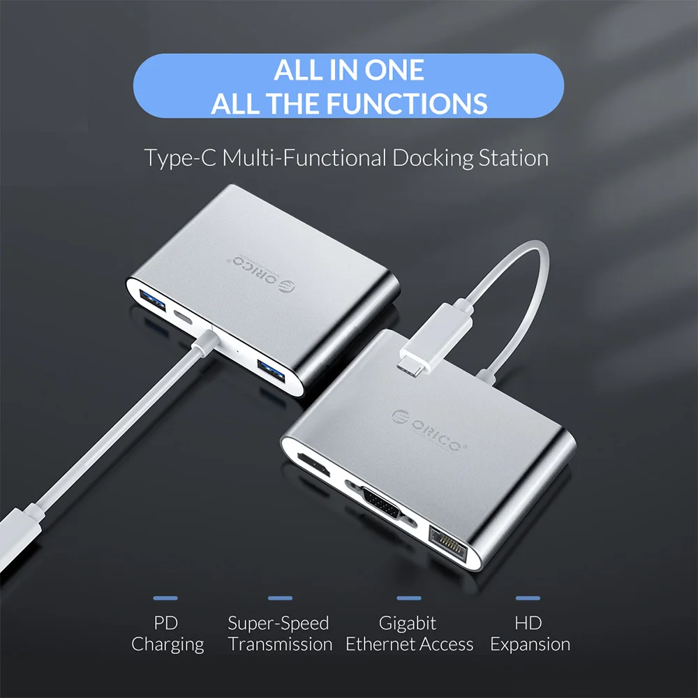 Алюминиевый usb концентратор ORICO Type C для HDMI/VGA/USB3.0/RJ45/SD картридер PD зарядный адаптер
