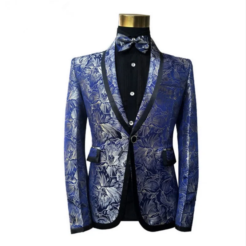 Male Fashion Classic Shawl Blue Floral Pattern Jacquard Blazer Slim Fit Designs Plus Size Singers Costume Jacket With Bow Tie | Мужская