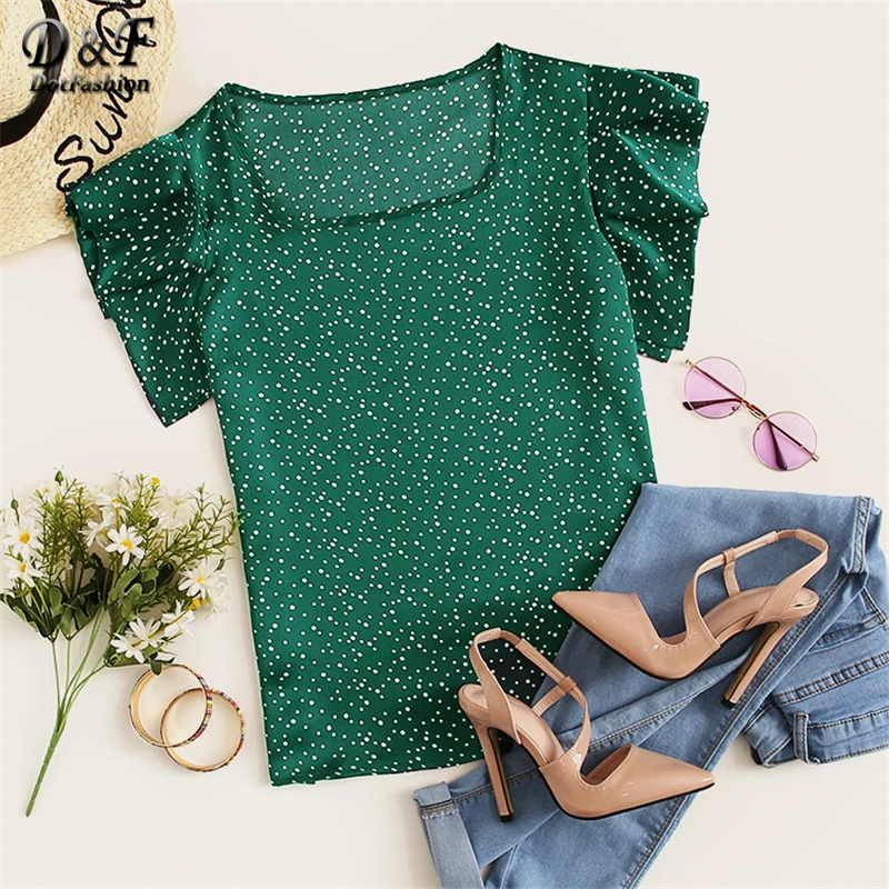 Dotfashion, зеленая блузка в горошек с рукавом-бабочкой, лето, милая корейская модная одежда с рукавом-крылышком, Женские топы и блузки