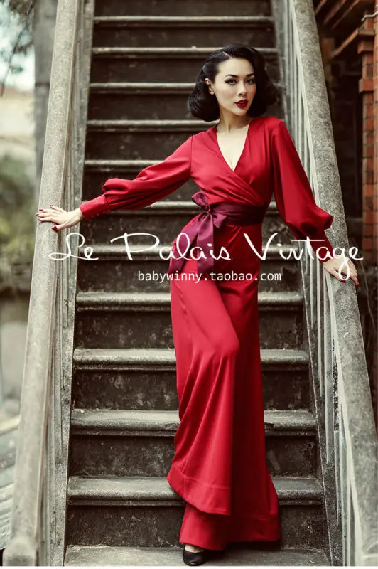 Le Palais/Зимний винтажный комбинезон с широкими штанинами и рукавами фонариками в